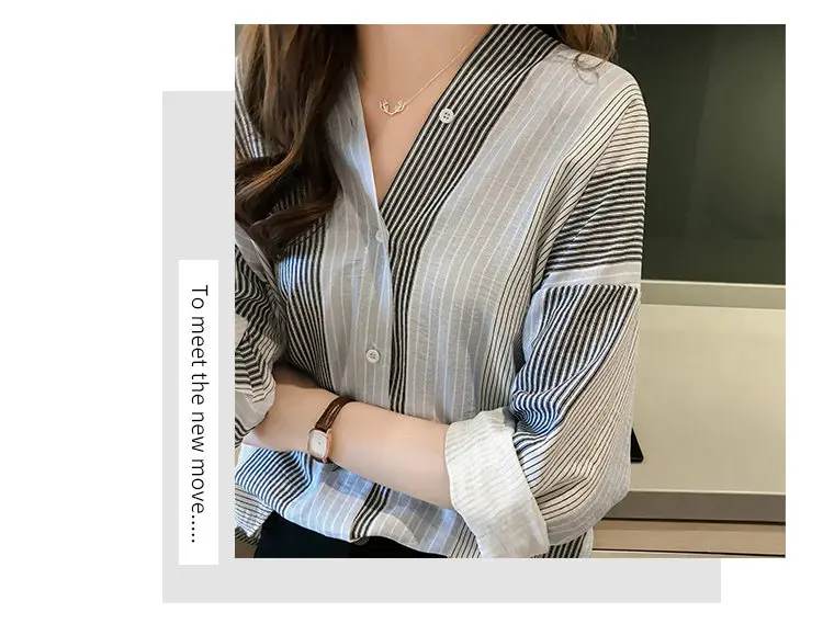 2019 Autumn Women's Striped Shirts Womens Tops And Blouses Fashion Long Sleeve Shirt Plus Size V-neck Blusas Chemise Femme (13)