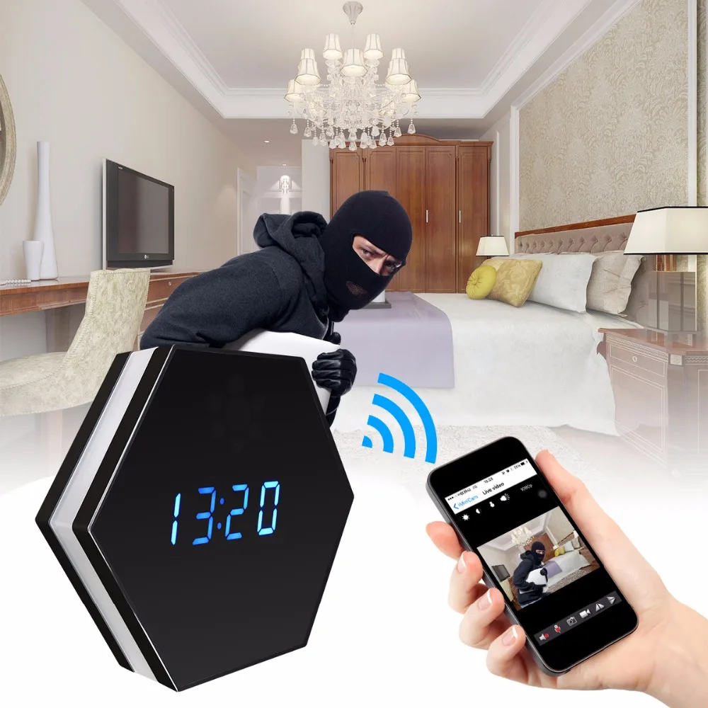 

Wifi Wireless Mini Camera Clock HD 1080P Smart Mirror Clock IP Night Vision Two-Way Audio Motion Detection Colorful LED Light