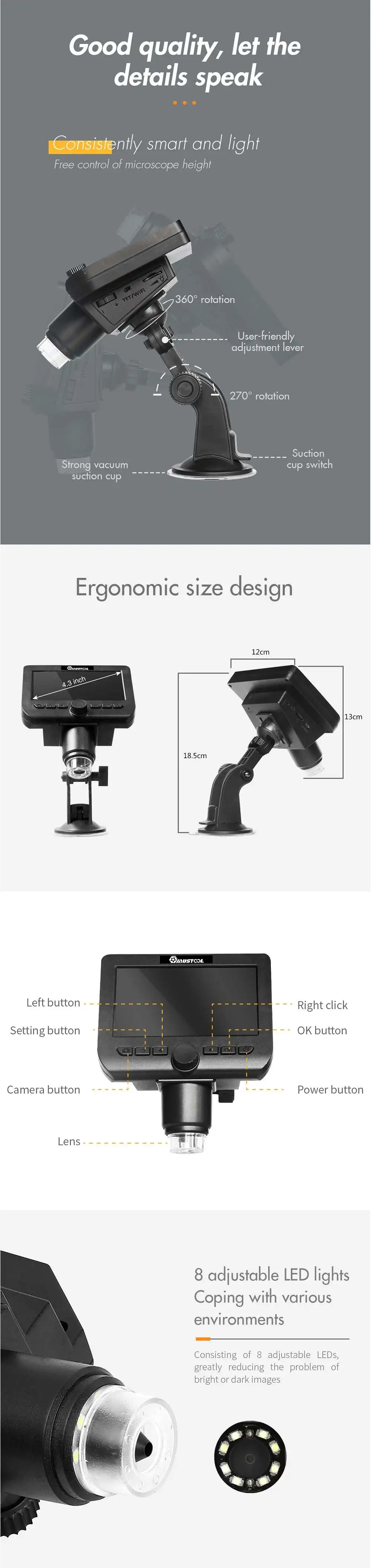 MUSTOOL G610 2MP 1000X 4,3-дюймовый ЖК-беспроводной микроскоп Поддержка IOS Android Встроенный перезаряжаемый аккумулятор 8 регулируемых светодиодов