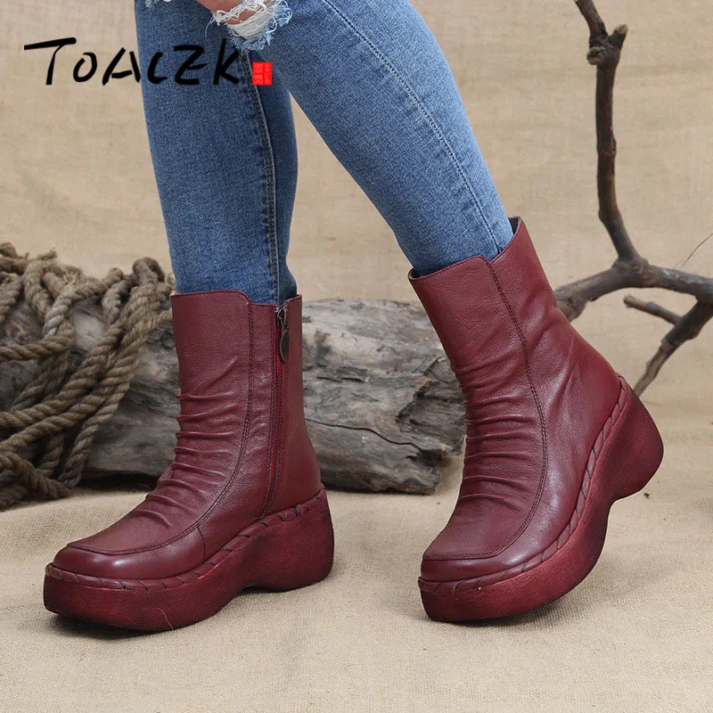 

Plus Size Genuine Leather Women Boots Spring Autumn Fashion Pleated Ankle Boots Warm Soft Outdoor Casual Shoes