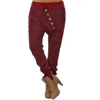

Women Button Hipsters Harem Pants 2018 Fashion Bloomers High Waist Pants Casual Button Decor Drawstring Loose Long Trousers