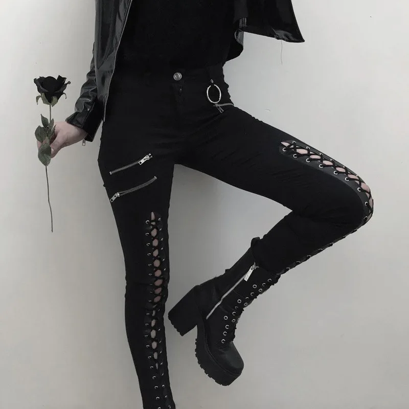 

2019 New Arrival Spring and Autumn Gothic Black Up Skinny Trousers Women Pencil Sexy Leggings Bandage Punk Rock Pants