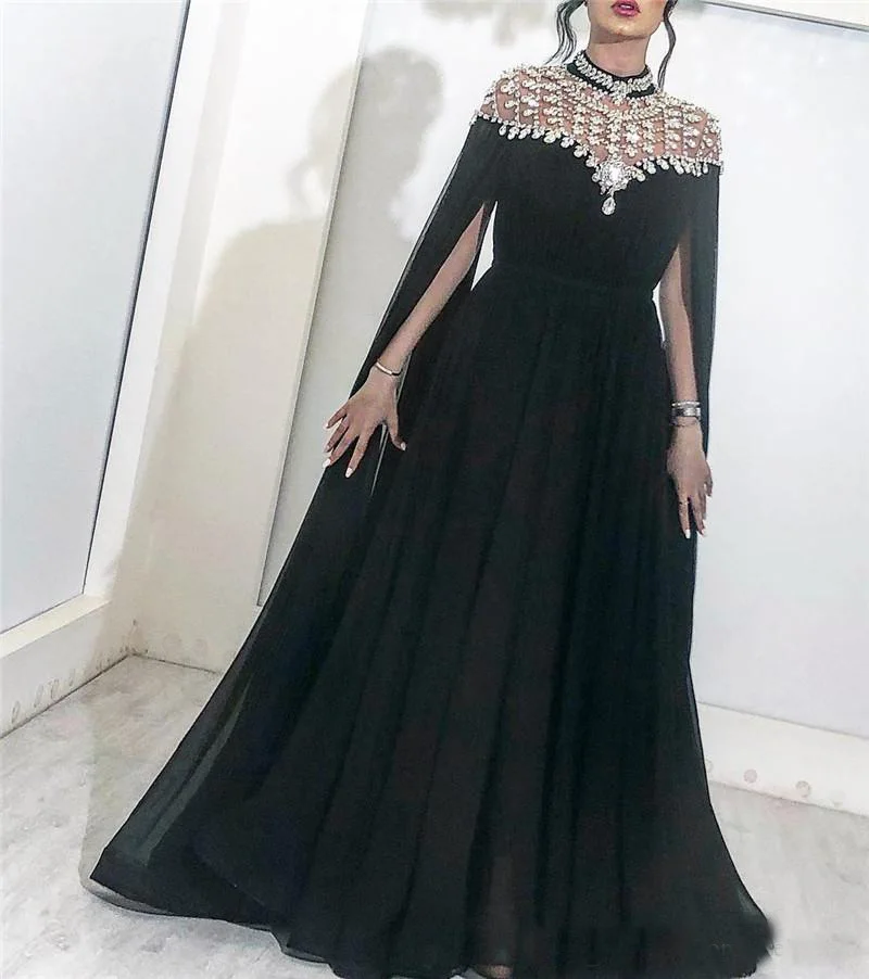 

Sparkly Black Crystals Arabic Long Evening Dresses 2019 High Neck Chiffon Middle East Dubai Women Formal Prom Gowns With Cape