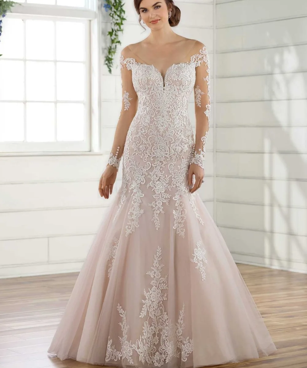 

Vestidos de novia 2018 V-Neck Long Sleeves Mermaid Wedding Dresses Bead Lace Appliques Vestidos de noiva Court Train Boda