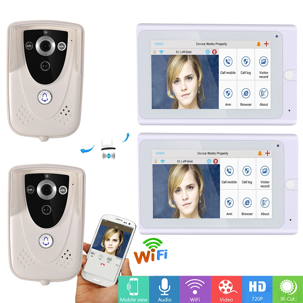 

MOUNTAINONE 720P 7" WiFi Wireless Video DoorPhone intercom Doorbell Camera PIR IR Night Vision with 2 monitor 2 Outdoor camera