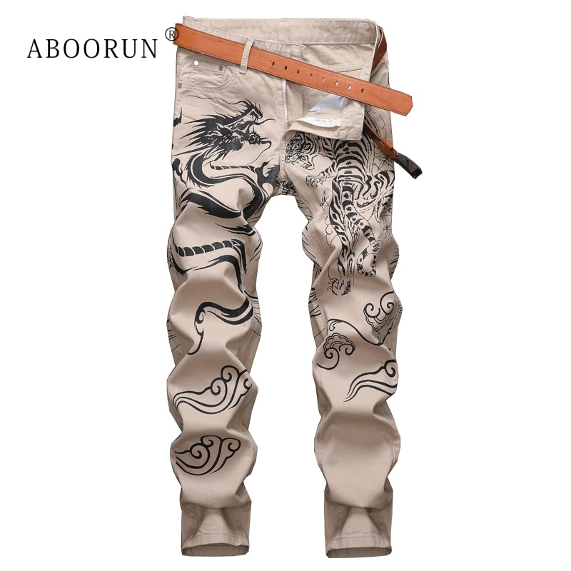 ABOORUN Fashion Dragon Tiger Wolf Printed Jeans Men's Skinny Pencil Jeans Nightclub Hairstylist Wearing for Male ABOORUN Fashion Dragon Tiger Wolf Printed Jeans Men's Skinny Pencil Jeans Nightclub Hairstylist Wearing for Male