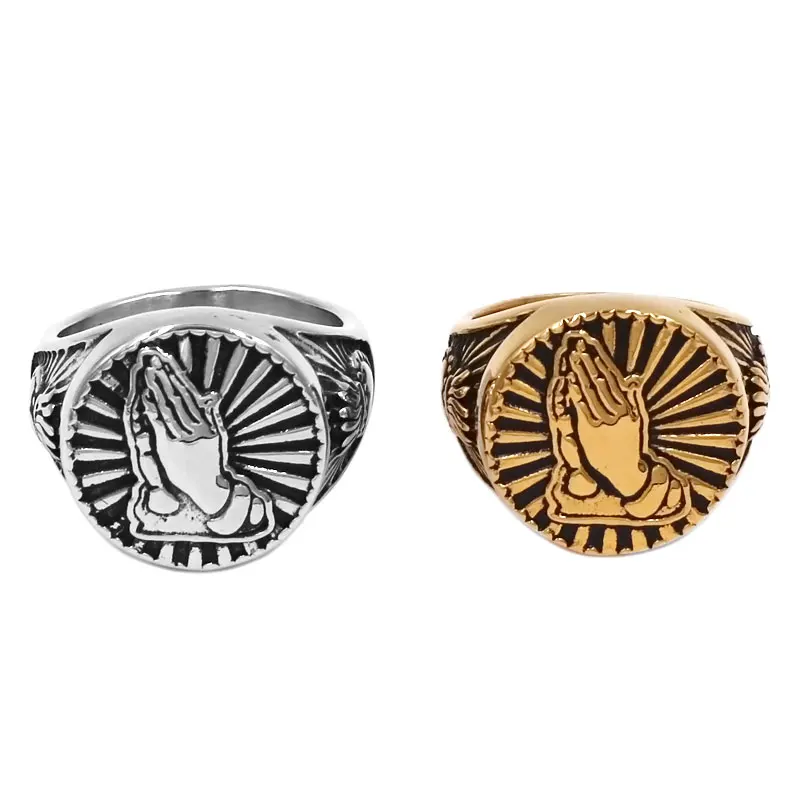 

Praying Hands Bless Signet Ring Stainless Steel Jewelry Religious Virgin Mary Ring Engagement Promise Heart Wedding Ring 772B