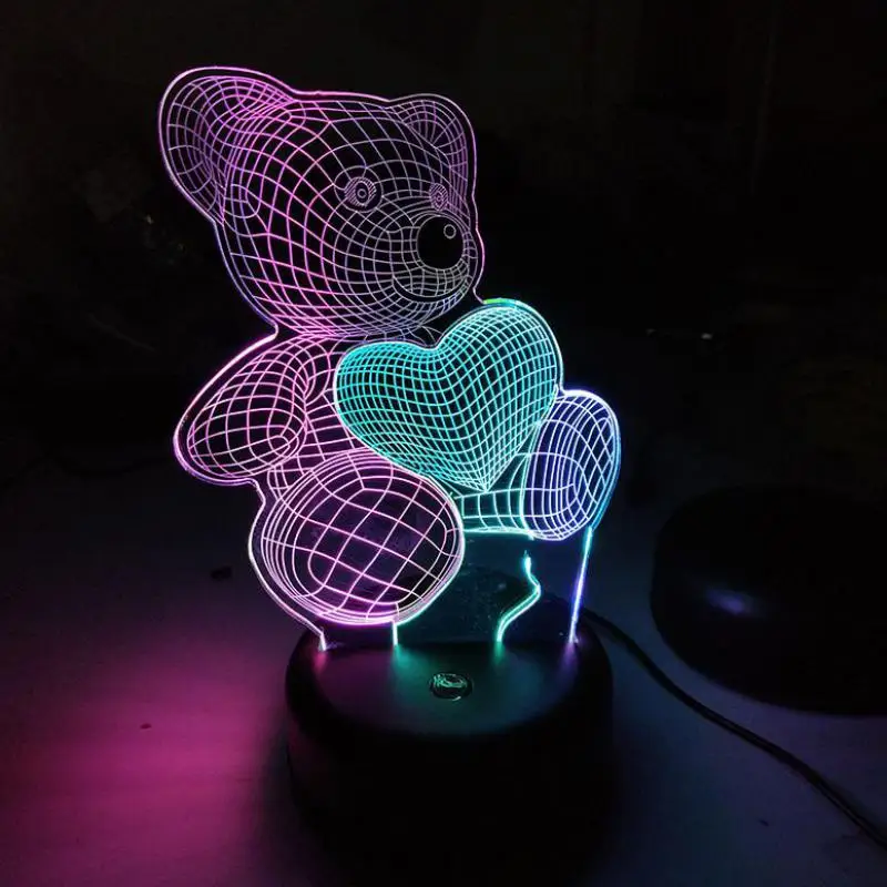 

Love Bear 3d Visual Night Light Creative 7 Color Touch Charging Led Stereo 3d Light Fixtures Novelty Usb Led Kids Lamp
