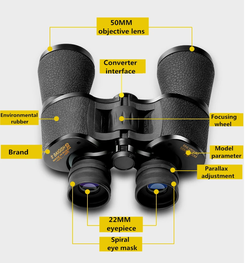 Noturna para a Caça de Acampamento Baigish Binóculos Poderoso Turismo Spyglass Alta Vezes Claramente Visão Telescópio Lll 20x50 hd 6 High Quality Ferramenta