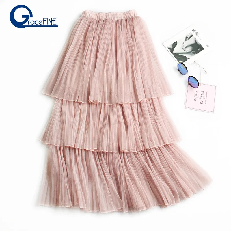 

Bohemia Pink Cake Long Skirt Women Spring and Summer Romantic Pink Mesh Skirts Princess High Waist Pleated Skirt Travel Clothes