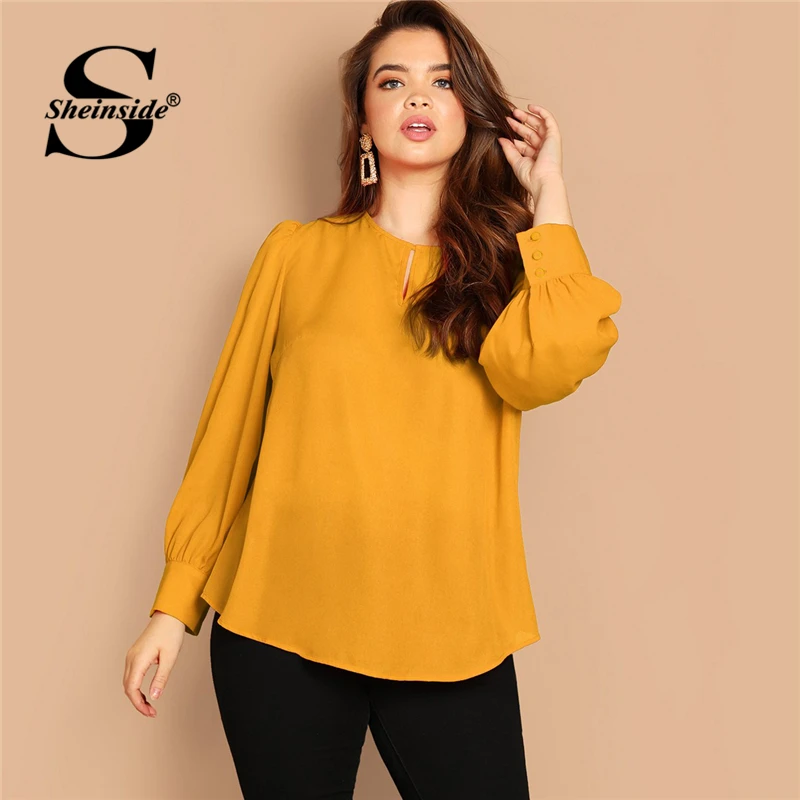 

Sheinside Plus Size Curved Hem Blouse Women Keyhole Detail Buttoned Cuff Solid Top 2019 Female Ginger Bright Tops and Blouses