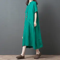 Женское весенне-летнее хлопковое льняное платье однотонного цвета с v-образным вырезом и коротким рукавом элегантное платье свободное