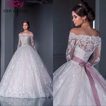 

Muslim Arab Plus Size Ball Gown Wedding Dress Long Sleeve Crystal Sashes Boat Neck Button Back Princess Wedding Dresses W0005
