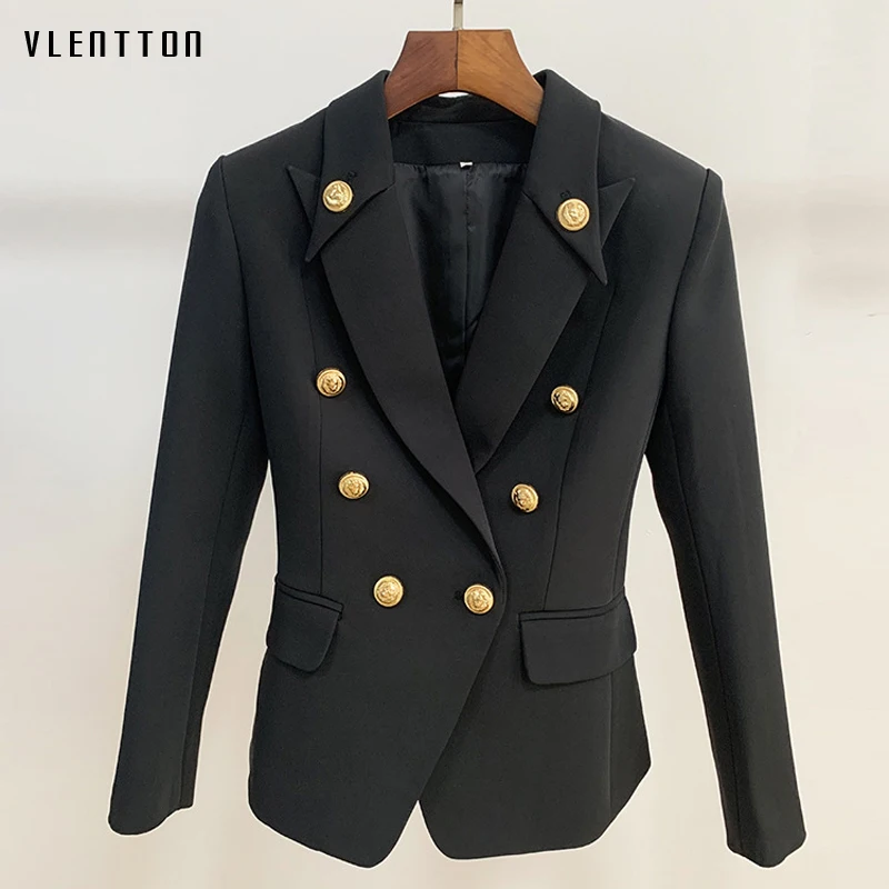 

High Quality Designer Blazer Jacket Women's Gold Buttons Double Breasted Office Lady Blazers Outerwear Female Suit Tops Mujer