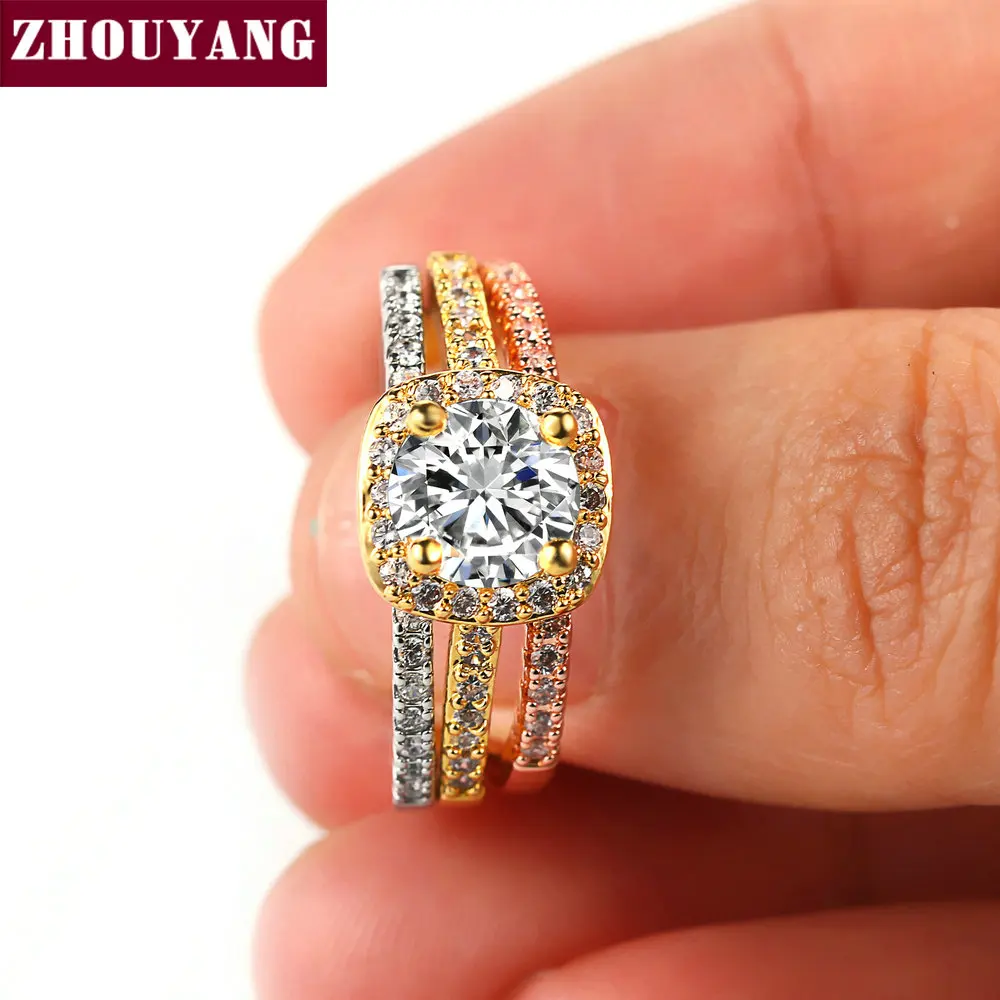 ZHOUYANG Engagem Wedding Ring Sets For Women Classic Round Cut AAA+ CZ Yellow Color Fashion Jewelry Chirstmas Gift SR559