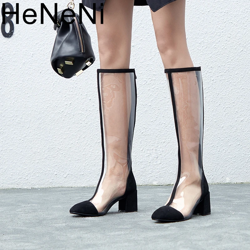 

2018 New PVC Transparent Boots Chunky Heel Fashion Designer Round Toe Ankle Booties Shoes Square Toe Ladies Shoes Size 33-41
