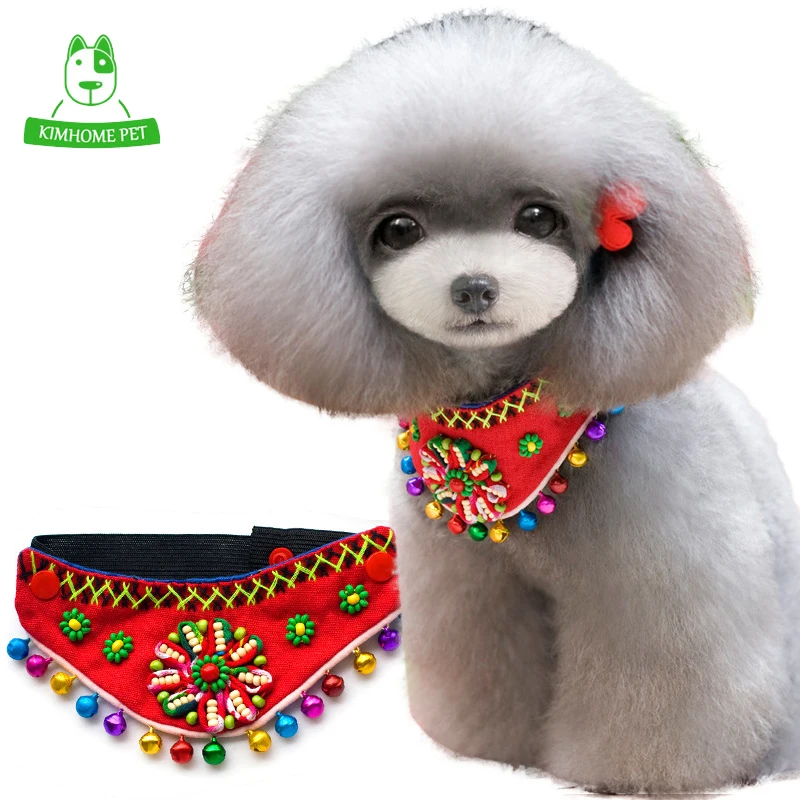 Image KIMHOME Blue Black Red Adjustable National Features Beads Bells Puppy Dog Bandana Neck Scarf Collar
