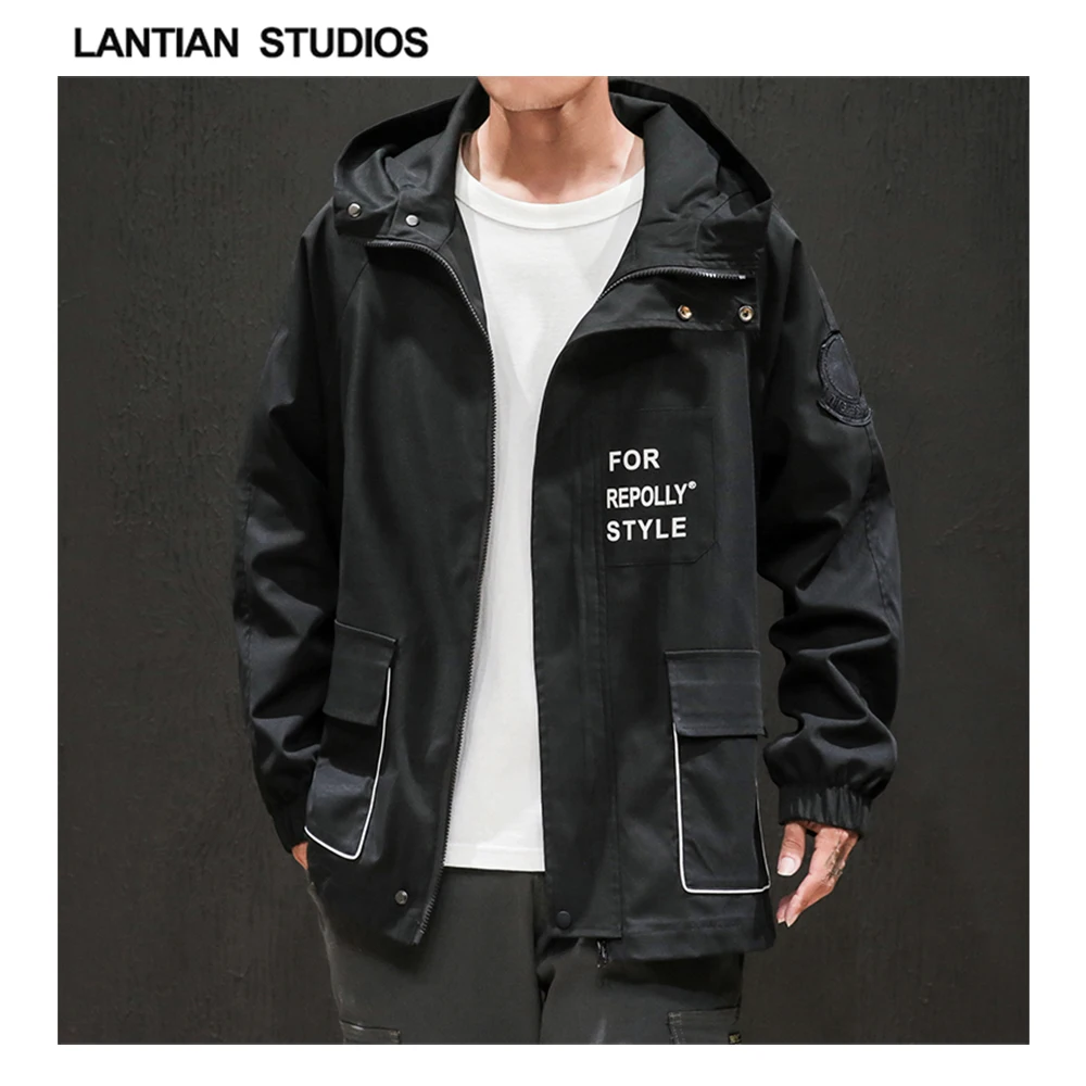 LANTIAN Herfst Mannen Balck Jassen 2019 Fashion Brief Gedrukt Rits Windjack Jassen Japanse Streetwear Man Casual Uitloper Jac