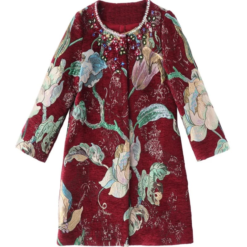 

High Quality Brand New 1950s Style Long Coat 2018 Autumn Woman Diamond Embroidery Covered Button Oversize Coat Trench Plus Size