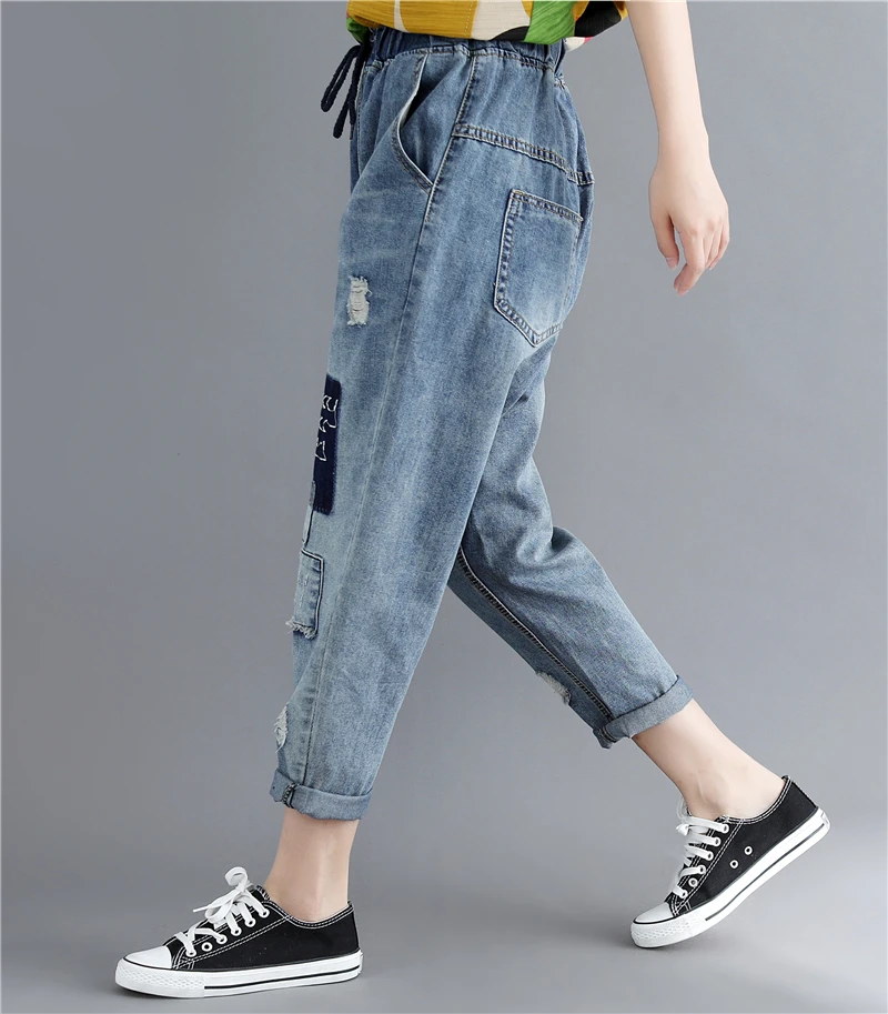 SuperAen, модные женские джинсы, Плюс Размер, дикие, эластичная талия, дыра, длина по щиколотку, брюки для женщин, новые осенние, Дырявые, свободные джинсы для женщин