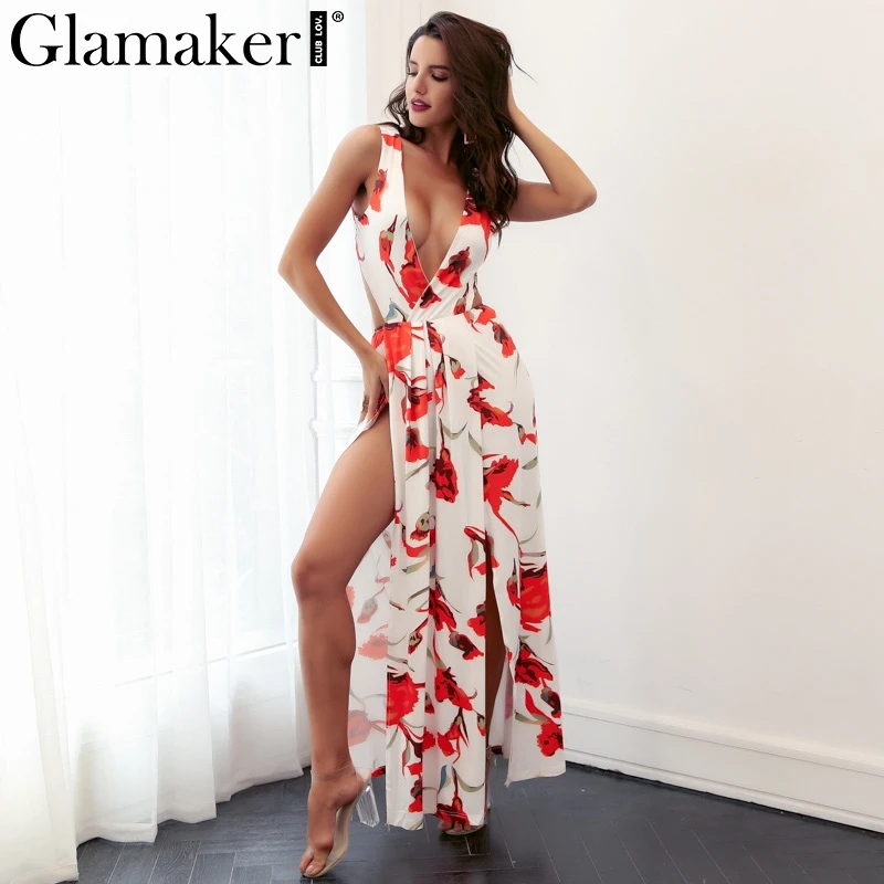

Glamaker Backless flower print long beach dress Women split sexy summer dress maxi Spring dress evening party vestidos boho 2018