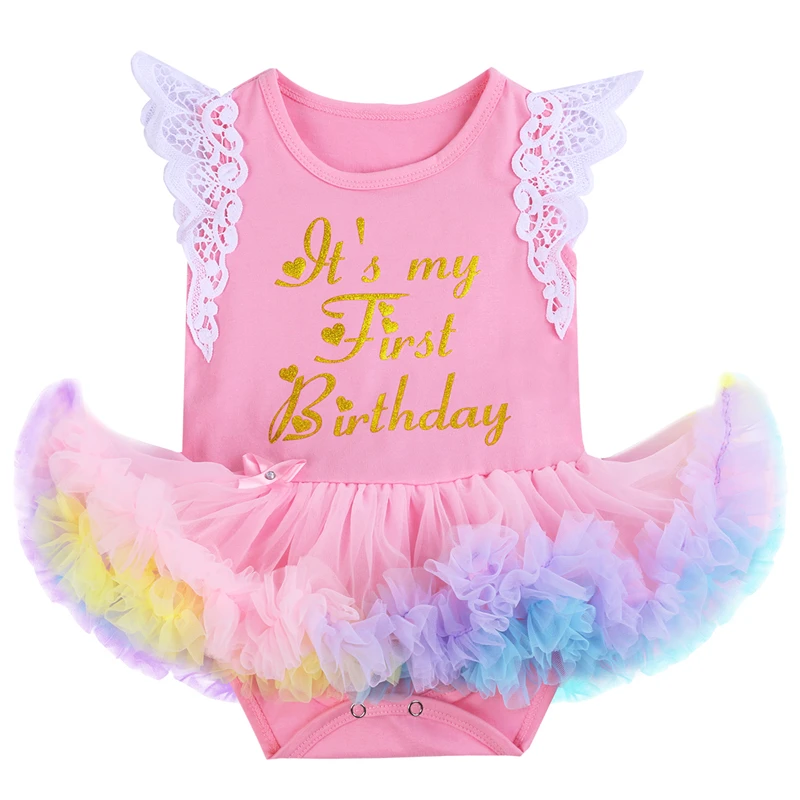 

Cute Baby Girls Romper Dress for 1st Birthday Cake Smash Flutter Sleeve Letter Print Ruffles Newborn Girl Baby Birthday Clothes