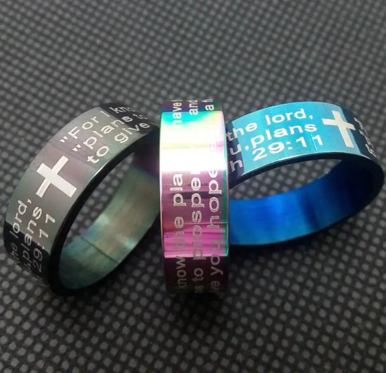 

50pcs Color Mix Jeremiah 29:11 lord's prayer Cross Bible Ring Men Women Jesus Stainless Steel Rings Wholesale Religious Jewelry