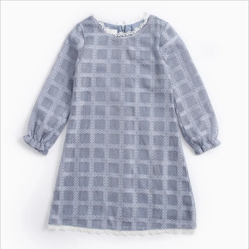 

Spring and Autumn models long-sleeved children's clothing children's dress lattice lace lace crew neck dress