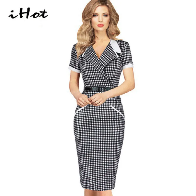 Summer women sexy Turn down collar Plaid Party pencil Bodycon Short sleeve Knee Length Slim office