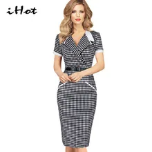 Summer women sexy Turn down collar Plaid Party pencil Bodycon Short sleeve Knee Length Slim office work dresses tartan clothing