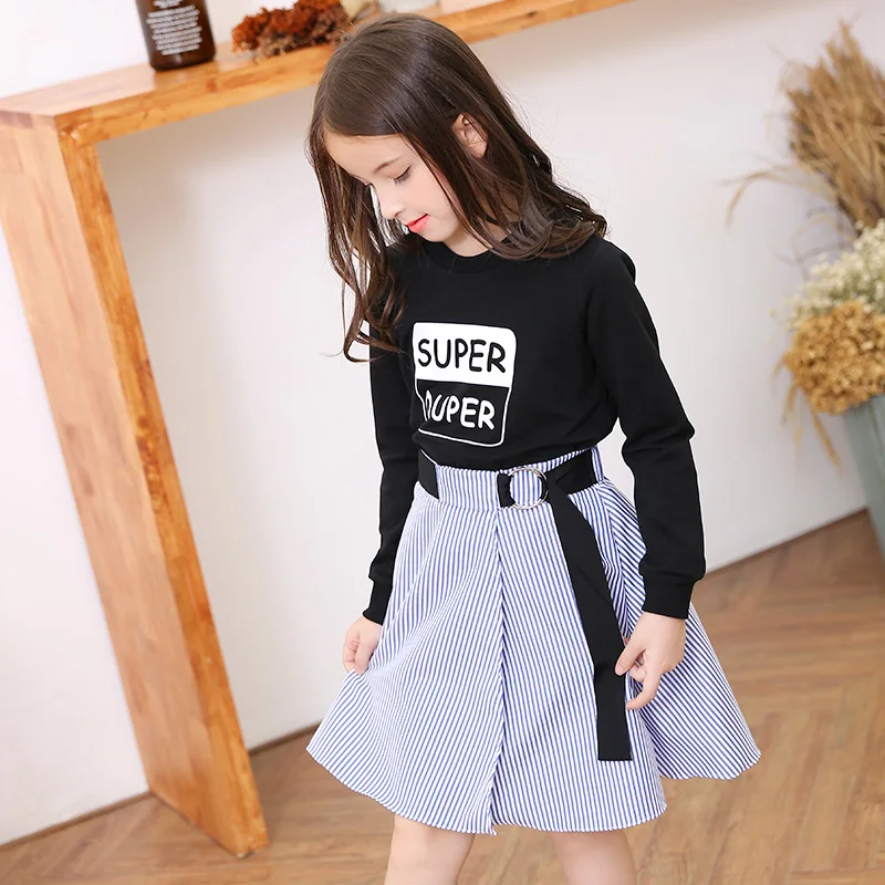 New Teen Girls Skirts Fashion Striped with Belt A Line Skirt for