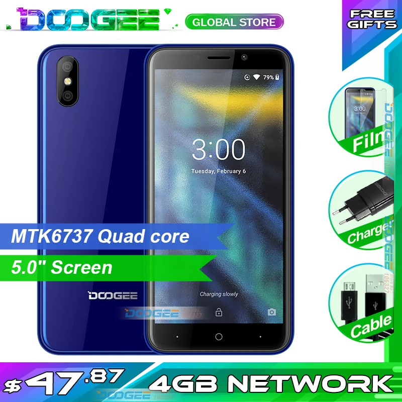 

DOOGEE X50L 4G-X50 unlocked Smartphone MTK6737 Quad Core 1GB 16GB Mobile phone Dual Rear Camera Android 8.1 5.0" 18:9 Cell phone