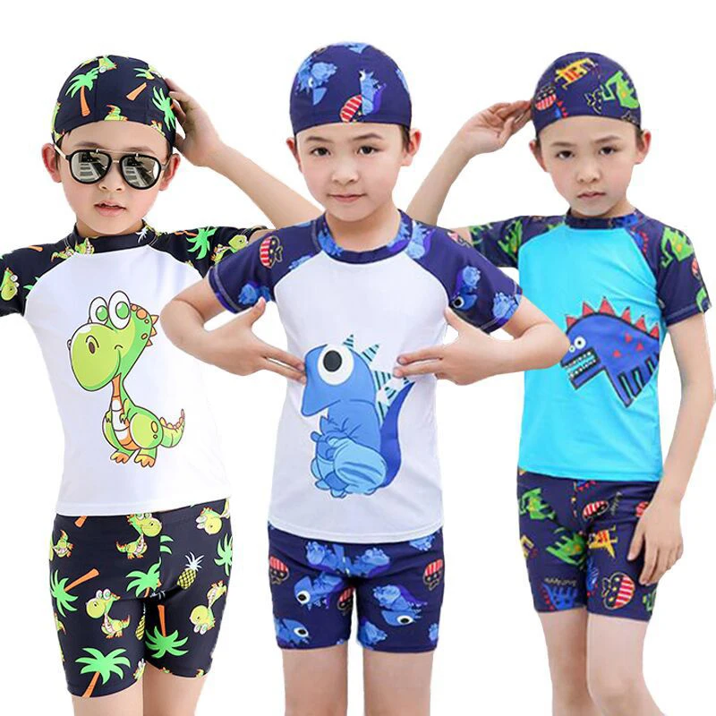 

Boys Swimming Suits New 3pcs/set Hat+Shirts+Shorts Kids Swimwear Boys Beachwear Sports Swimming Trunks for Children Swim Suit
