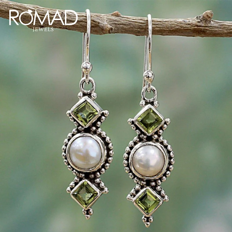

ROMAD Vintage Thai Silver Olive Green Square Pendant Earrings Long Drop Dangle Earrings For Women Fashion Jewelry orecchini R4