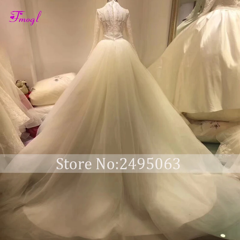 Fmogl винтажное кружевное свадебное платье трапециевидной формы с высоким воротником и длинным рукавом роскошное жемчужное платье для невесты принцессы Vestido de Noiva