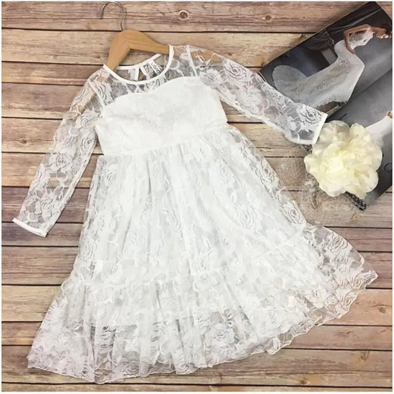 Kids Baby Girls Autumn Floral Sweet Fairy White Formal Long Sleeves Party Lace Wedding Princess Gown Pageant Flower Girls Dress