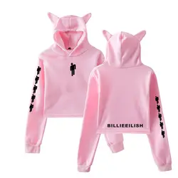 Billie Eilish кошачьими ушками толстовки Kawaii High Street fashion Для женщин Повседневное короткий пупок толстовки Hipster Размеры