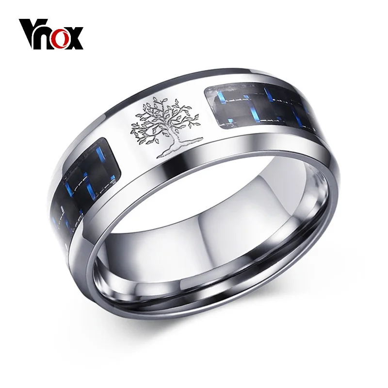 Vnox 8mm Carbon Fiber Ring For Man Engraved Tree Of Life Stainless Steel Male Alliance Casual Customize Jewelry Personalize Band