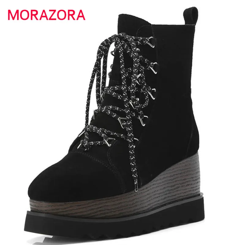 

MORAZORA 2018 top quality suede leather ankle boots for women lace up fashion punk shoes woman comfortable platform boots