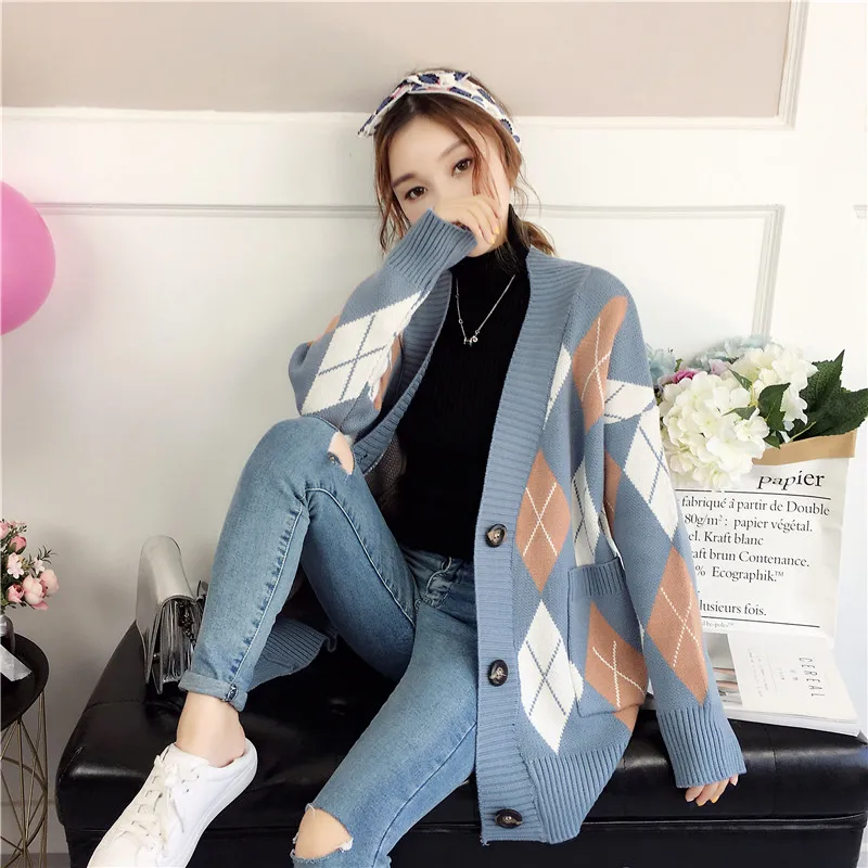 

2019 New Fall Winter Cardigan Lady Fashion Casual Sweaters With Button Full sleeve Sweet Women Geometric Pattern Knitted sweater