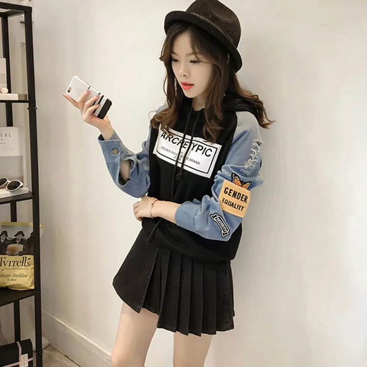 Mr.nut Spring and Autumn Female Korean Embroidered Hooded Sleeve Student Stitching Long Sleeve Hoodie Mr.nut Spring and Autumn Female Korean Embroidered Hooded Sleeve Student Stitching Long Sleeve Hoodie