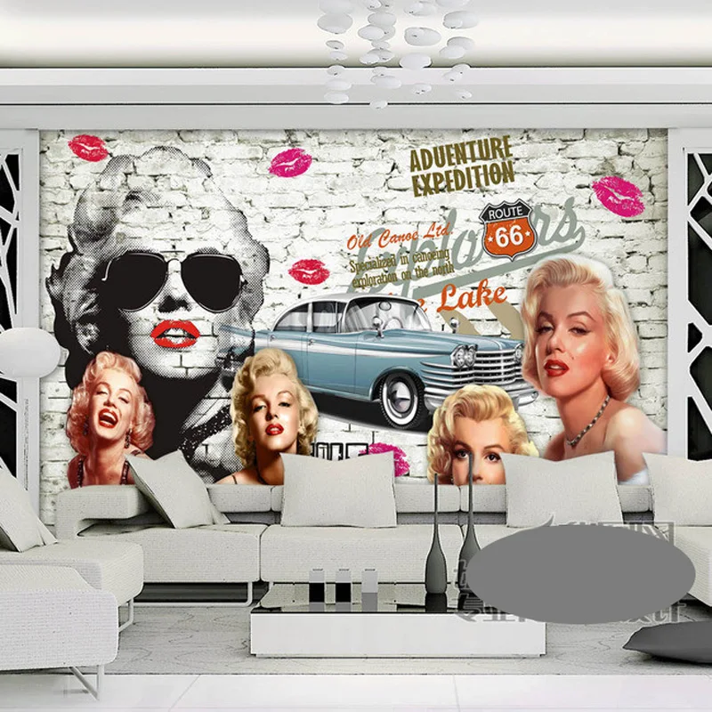 

Home Decor Wall Papers 3D Retro Brick Wall Painting Marilyn Monroe Car Photo Wall Paper Mural Self Adhesive Vinyl/Silk Wallpaper