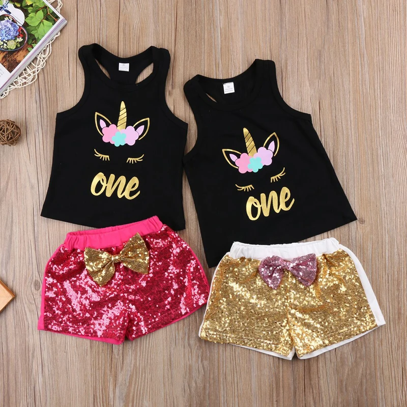 

New Fashion Lovely Toddler Girl Kids Clothes Print Unicorn Sleeveless Top T-Shirt+Sequins Pants Outfits Set