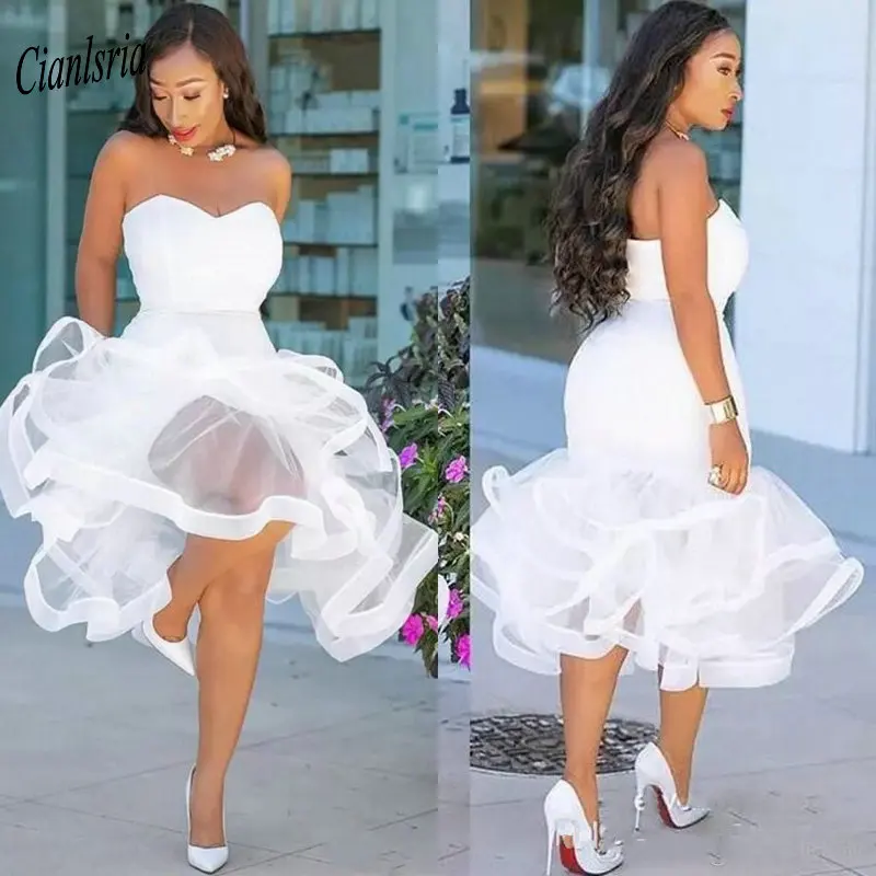 

White Sweetheart Sleeveless Short Evening Dress Tiered Ruffles Plus Size Tea-Length Formal Evening Party Dresses robe de soiree