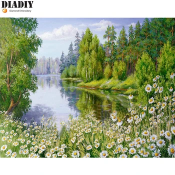 

Diamond Embroidery spring scenery lake flowers pattern Diy Needlework 5D Mosaic Diamond Painting Cross Stitch Full Rhinestones