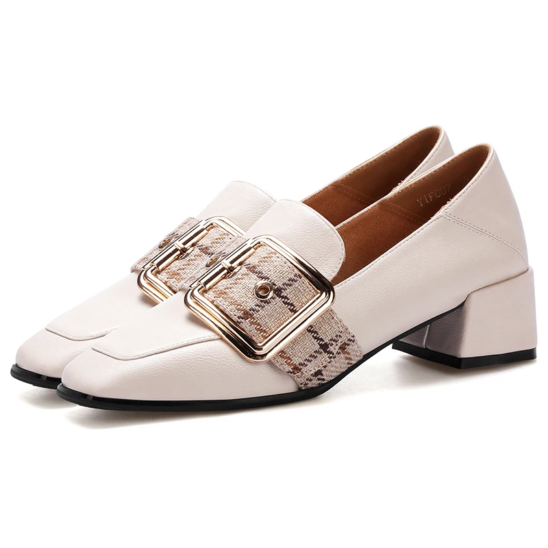 

2019 Spring PU Leather Black Beige Women Loafers 4.5cm Square Heels Concise Casual Shoes YIF007