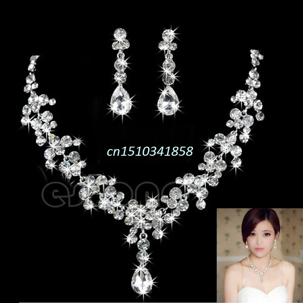 New Rhinestone Crystal Waterdrop Necklace Earring font b Jewelry b font Set For Wedding Bridal Accessory