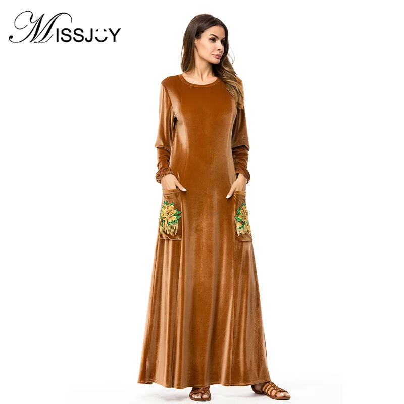 

MISSJOY Velvet abaya Muslim Kaftan Maxi Dress with Pockets 2018 Women Embroided Elegant Long Sleeve Turkish Islamic clothing