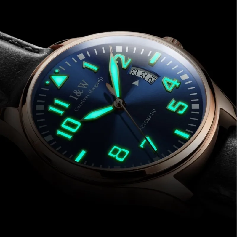 الراقية ساعات آلية أعلى العلامة التجارية كرنفال الأزياء مضيئة التلقائي ووتش مع حلقة من جلد ، التقويم ، للماء ووتش الرجال