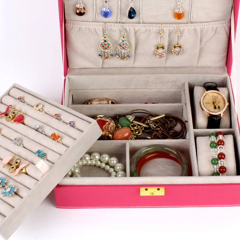 Guanya de doble capa de gran capacidad de regalo caja de joyería accesorios de terciopelo adornos de exhibición organizador de almacenamiento cajas de transporte - 2